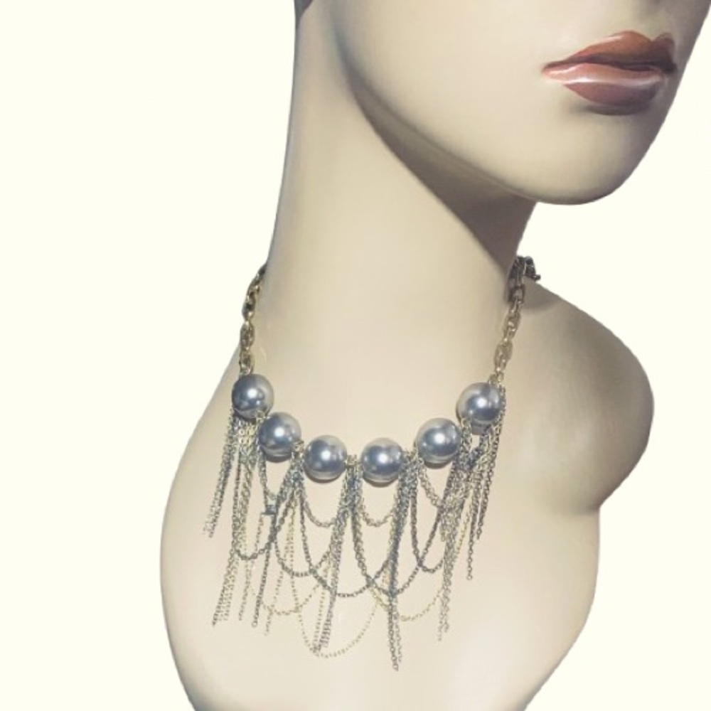 Vintage Large Silver Imitation Pearl Necklace with Cascading Chains